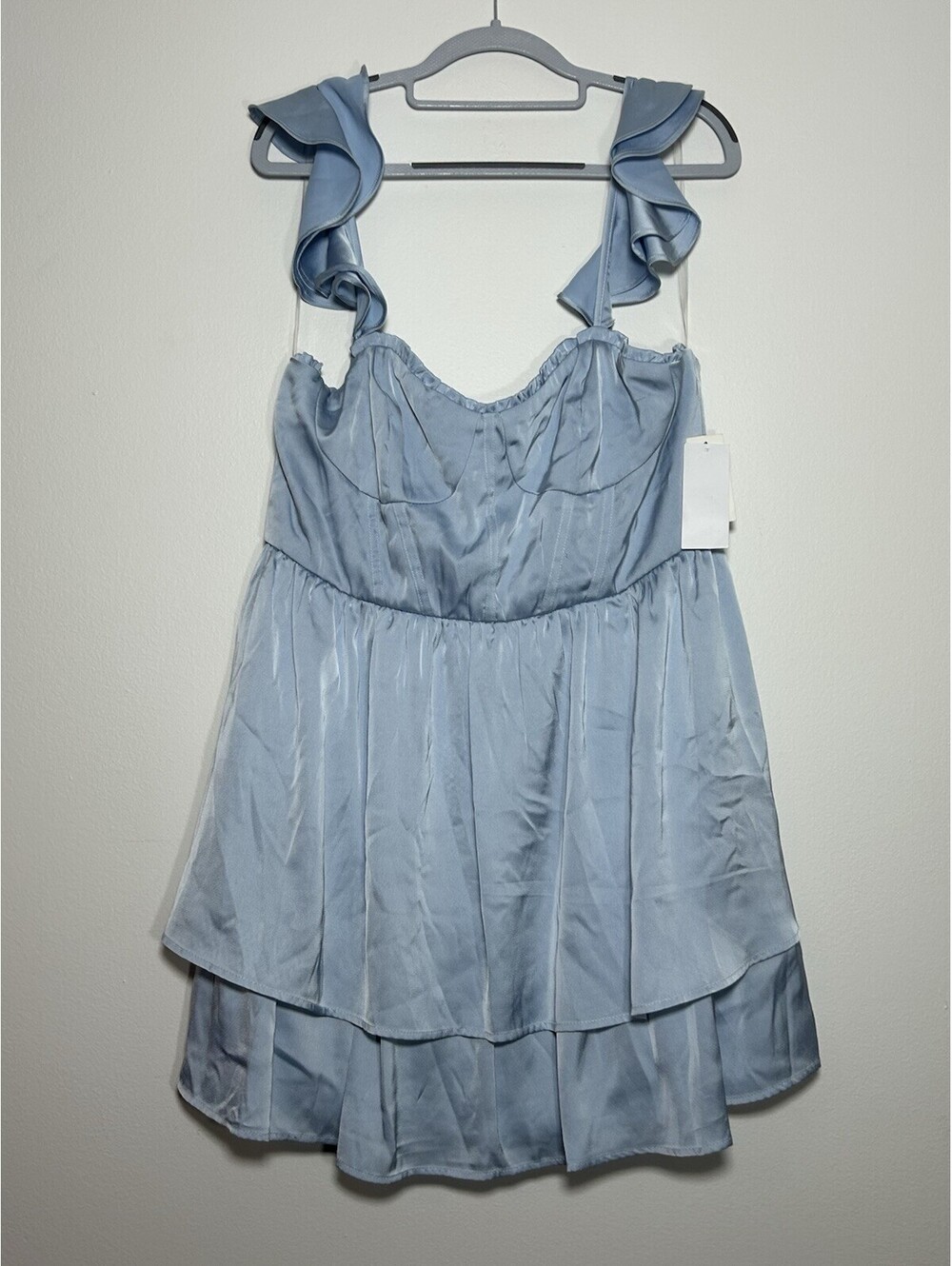 light blue satin tiered fit & flare mini dress from Crystal Doll Plus Size 1X